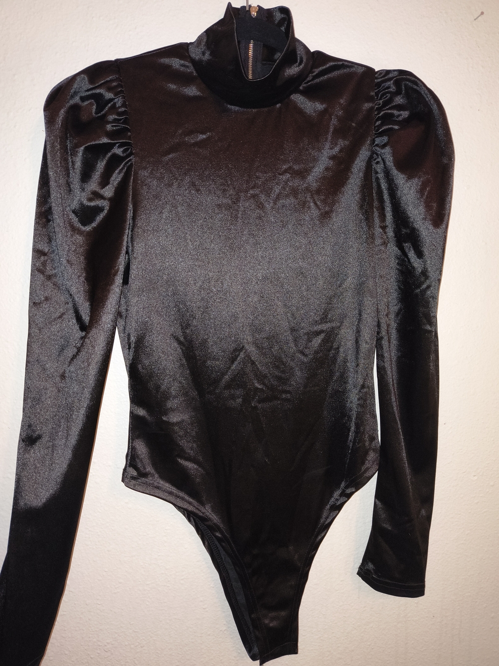 Vintage Black Satin Puff Sleeve Bodysuit High Neck Gothic Disco 80s Glam Size L
